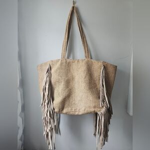 Muche et Muchette Tan/Gold Jutex Suede Fringe Tote